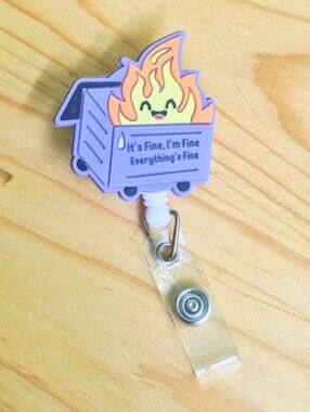 Cute Dumpster Fire Badge Reel - Purple & Yellow